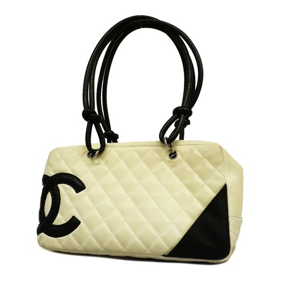 CHANEL Handbags - Auth Chanel Shoulder Bag Cambon Line Bowling Bag Lambskin White/Black Silver ...